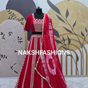 Red Georgette Lehenga Choli With Embroidery With Sequence Work And Georgette Dupatta For Women , Red Lehenga Choli , Lehenga