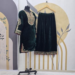 Green Velvet Punjabi Suit: Women&#39;s Embroidered Palazzo Suit
