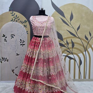 Indian Wear Pink Chinnon Silk Lehenga Choli With Embroidery Sequence Work And Net Dupatta For Women , Wedding Lehenga , Party Wear Lehenga