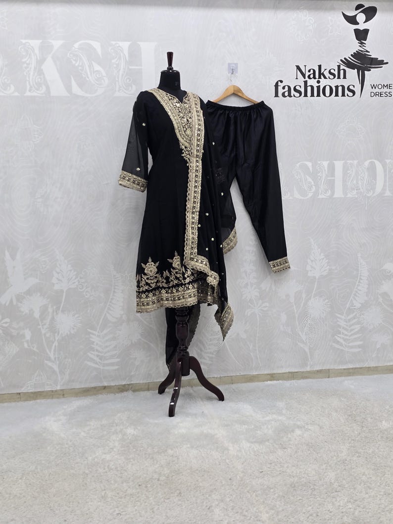 Designer Black & Gold Salwar Suit, Heavy Sequins Work Punjabi Suit, Ethnic Dress image 8