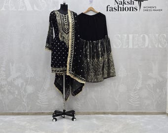 Black Georgette Sharara Palazzo Suit: Indian Embroidered Party Outfit