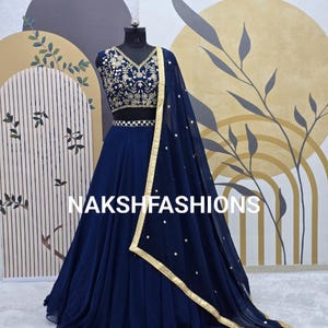 Dark Blue Georgette Lehenga Choli With Sequence Embroidery Work And Attractive Georgette Dupatta For Women , Blue Lehenga Choli , Lehenga