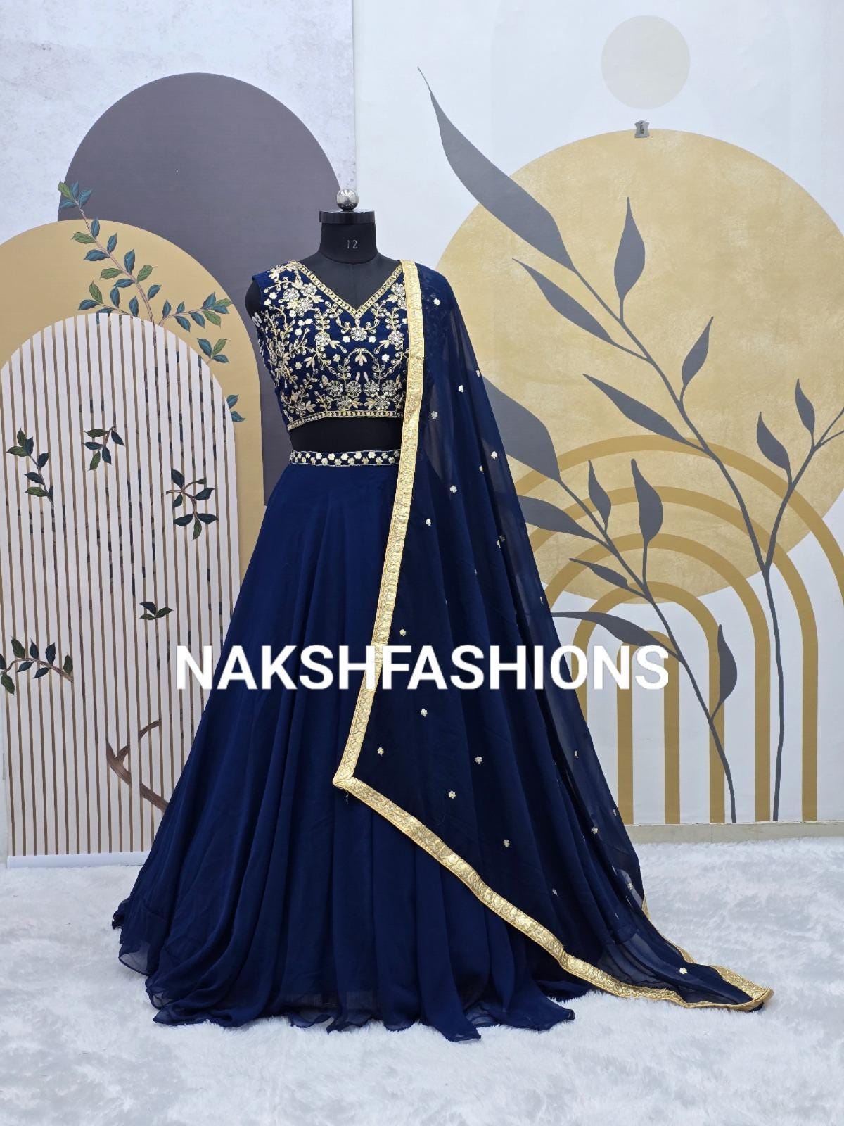 Navy Blue and Gold Lehenga - Etsy