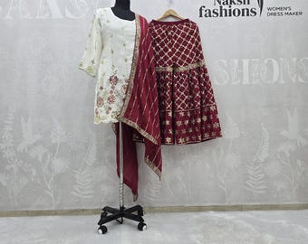 Färdig Salwar Kameez-kostym, Chinnon-siden, broderisekvensarbete