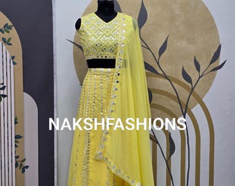 Indian Sharara Suit - Georgette Top Palazzo With Foil Mirror Work With Georgette Four Side Less Border Dupatta For Women , Crop Top Palazzo