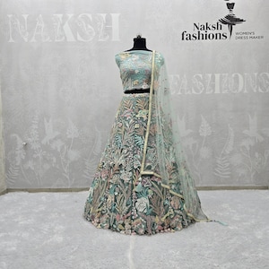 Sky-Blue Soft Net Lehenga Choli: Embroidered Party Wear Lehenga