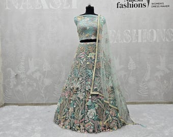 Sky-Blue Soft Net Lehenga Choli: Embroidered Party Wear Lehenga