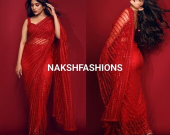 Soft Net Party Wear Saree With Sequence And Thread Work And Heavy Net Blouse For Women , Party Wear Saree , Wedding Wear , Red Saree , Saree