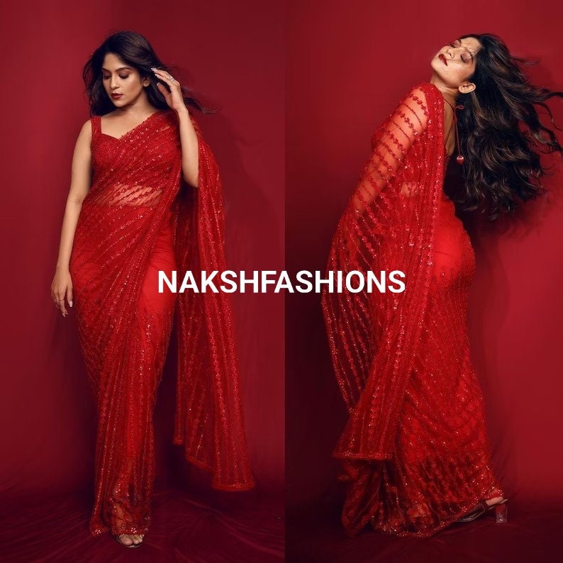 Soft Net Party Wear Saree With Sequence And Thread Work And Heavy Net Blouse For Women , Party Wear Saree , Wedding Wear , Red Saree , Saree image 1