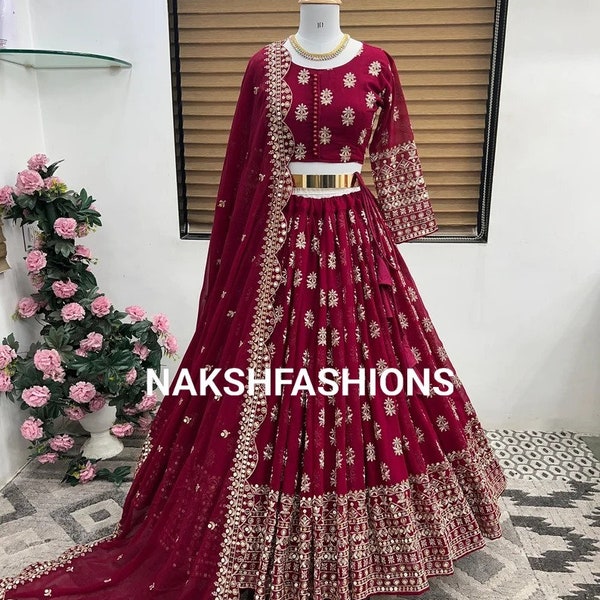 Georgette Lehenga Choli, designer marron, avec travail de séquence de broderie et dupatta pour femme, mariage Lehenga Choli, vêtements ethniques Lehenga