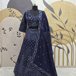 Navy Blue Georgette Lehenga Choli: Sequin Embroidery, Heavy Dupatta