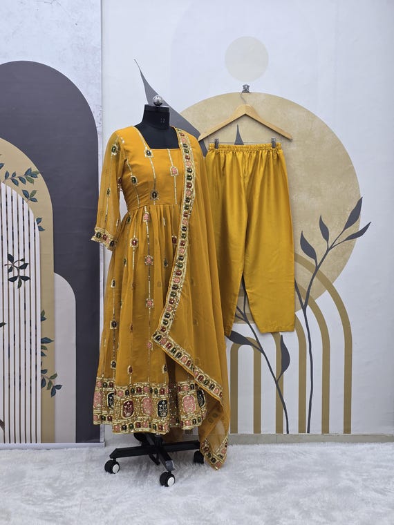 Pakistani Yellow Georgette Anarkali Gown With Dupatta: Embroidered Partywear Set - Etsy New Zealand Pakistani Yellow Georgette Anarkali Gown With Dupatta: Embroidered Partywear Set - Etsy New Zealand