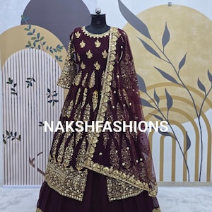 Wine Lehenga Choli With Embroidery And Sequence Work Top With Georgette Less Border Dupatta For Women, Bridesmaid Lehenga