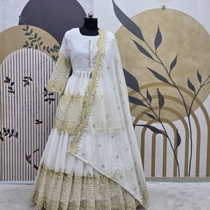 White Georgette Top Lehenga With Embroidery Sequence Work And Georgette Dupatta For Women, Indian Lehenga, Wedding Lehenga, Ethnic Wear