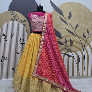 Yellow Georgette Lehenga Choli: Indian Wedding Partywear with Embroidery