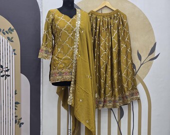 Embroidered Sharara Suit: Yellow Georgette Salwar Kameez with Sequence Dupatta