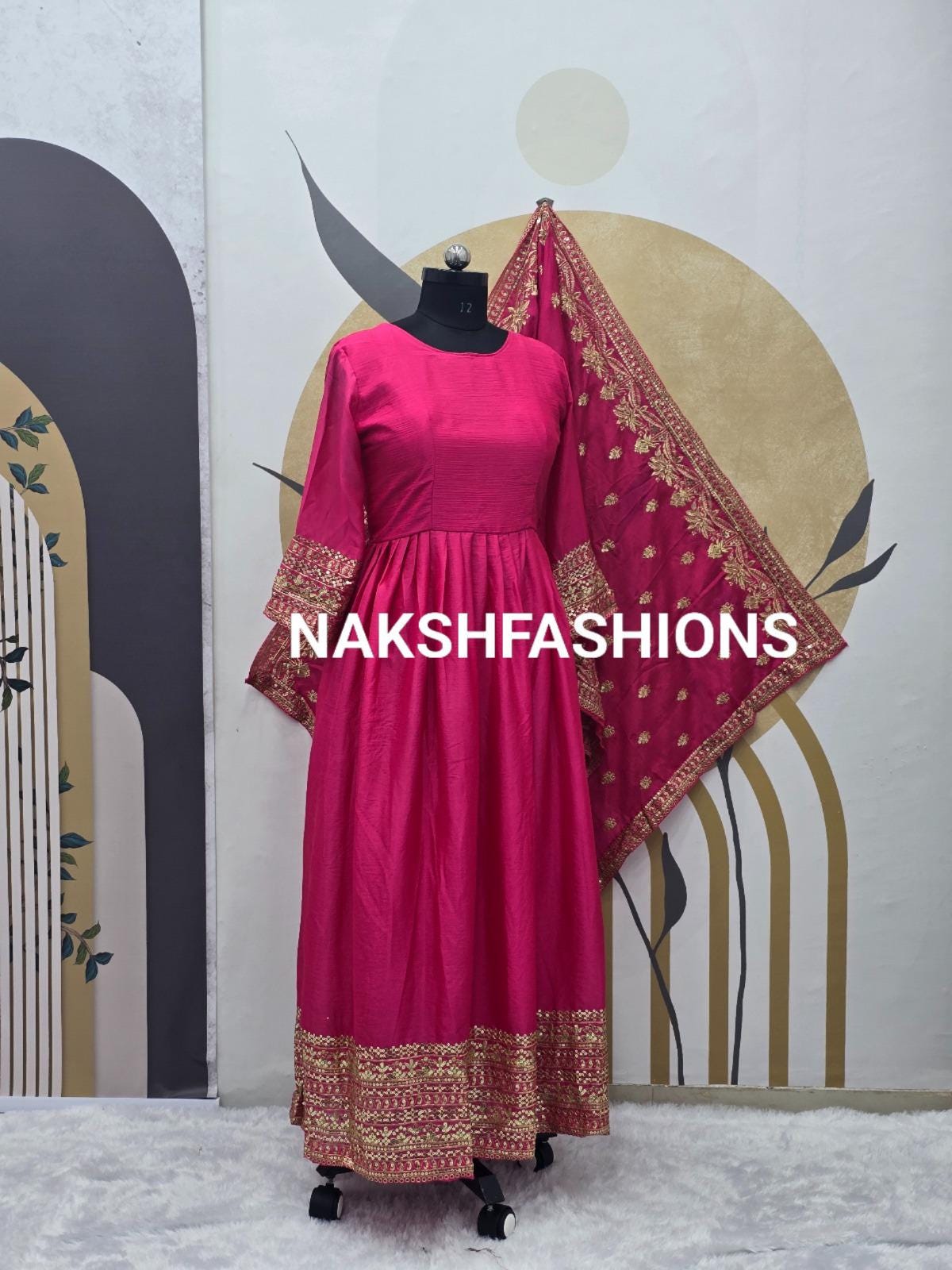 Embroidered Silk Gown: Indian Wedding Party Dress (XL)
