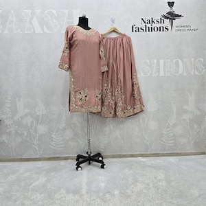 Traje palazzo kurta de seda chinnon bordado: Sharara de fiesta, trabajo manual con espejo