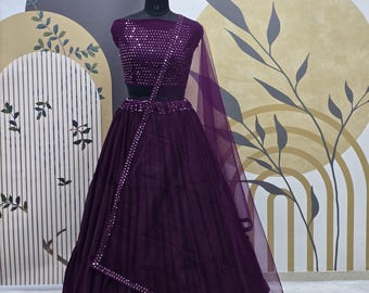 Lehenga Choli para mujer, elegante conjunto de novia de georgette morado, ideal para bodas, regalo para damas de honor.