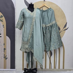 Mint Green Chinnon Silk Sharara Suit: Embroidered Partywear Kurta Set