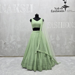 Mint Green Lehenga Choli Set: Sequins Embroidery Georgette, Indian Wedding Dress