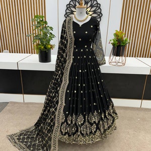 Party Wear Purple Georgette Gown With Embroidery Sequence Work And Dupatta For Women, Long Flared Dress, Designer Dress, Bridesmaid Outfit Black