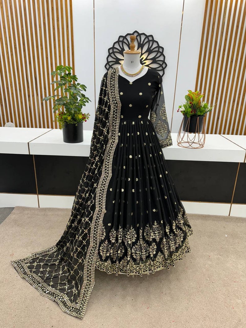 Party Wear Purple Georgette Gown With Embroidery Sequence Work And Dupatta For Women, Long Flared Dress, Designer Dress, Bridesmaid Outfit Black