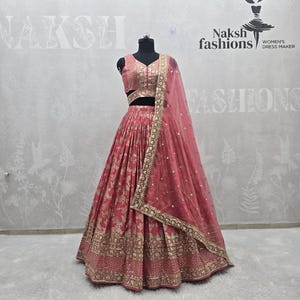Peach Dola Silk Jacquard Lehenga Choli With Embroidery Sequence Work And Organza Dupatta For Women, Wedding Lehenga , Indian Outfits