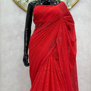 Georgette Party Wear Saree With Thread Work and Georgette Blouse for ...