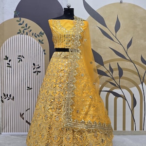 Yellow Thai Silk  Lehenga Choli With Embroidery Sequence Work Blouse With Soft Net Less Border Dupatta For Women, Bridesmaid Lehenga