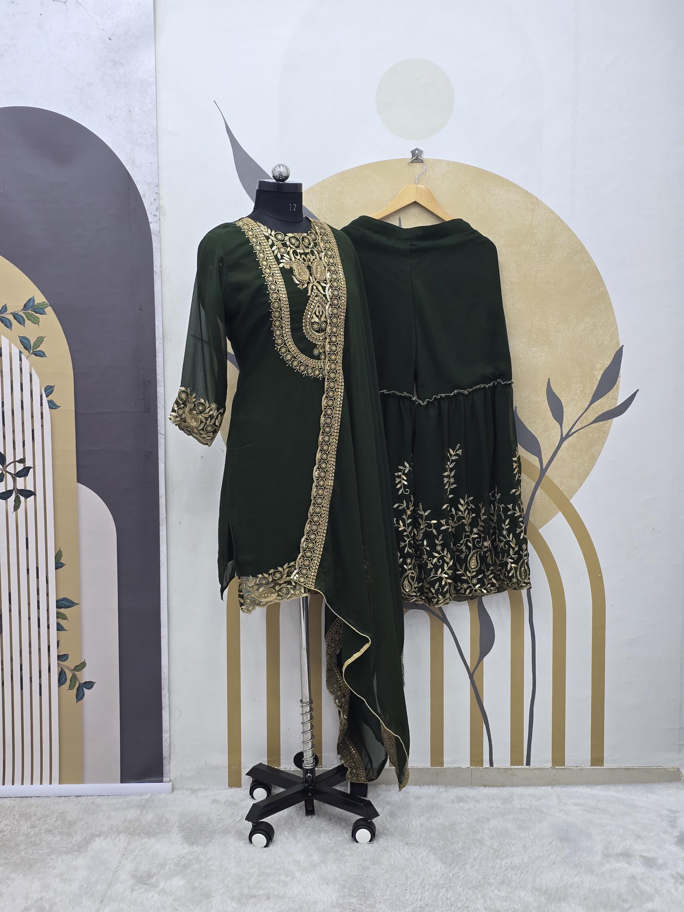 Salwar Kameez Indian Designer Green Georgette Partywear Kurta Palazzo set with sequence , thread zari work, 3 piece Green Readymade suit