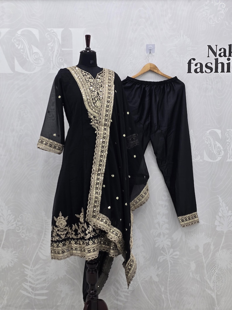 Designer Black & Gold Salwar Suit, Heavy Sequins Work Punjabi Suit, Ethnic Dress image 4