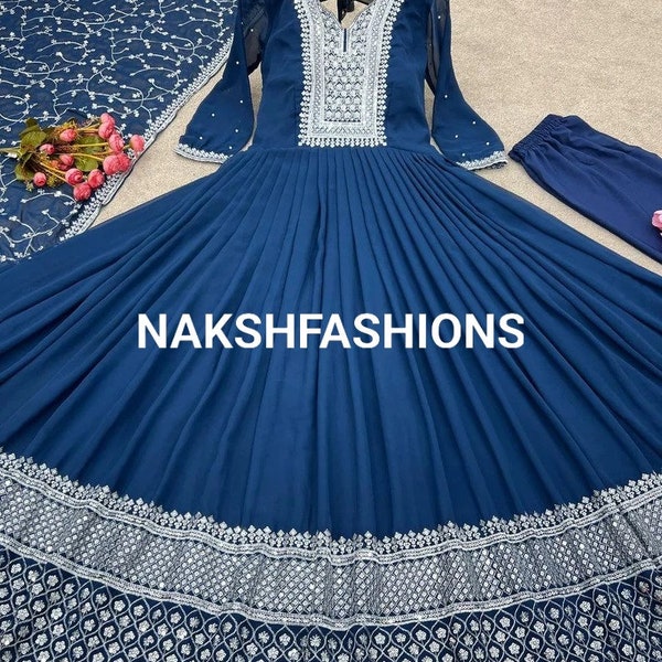 Indian Designer Anarkali Blue Dress For Women Salwar Kameez Suit Georgette Party Wear Stitched Dress For Women And Girls, Bridesmaid Dresses