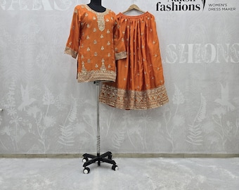 Orange Chinnon Silk Kurta Kurti Set: Embroidered Indian Wedding Outfit