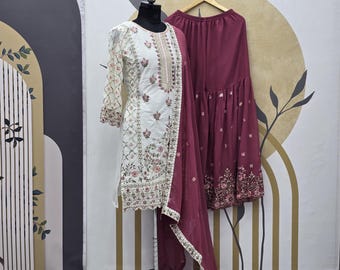 Traje Sharara de Georgette blanco: atuendo de boda con bordado indio