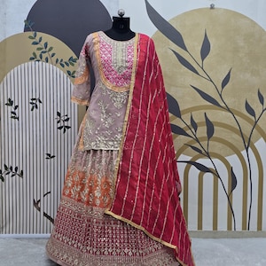 Multicolour Georgette Top Lehenga With Embroidery Sequence Work Top With Georgette Less Border Dupatta For Women, Bridesmaid Top Lehenga