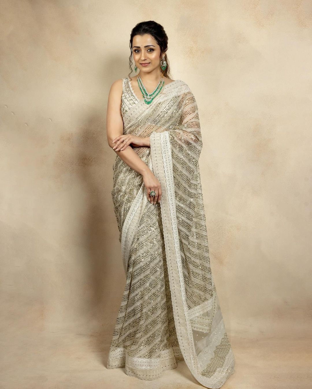 Itrh - Beige Net Embellished Elinora Pre-draped Saree With Backless Blouse  For Women