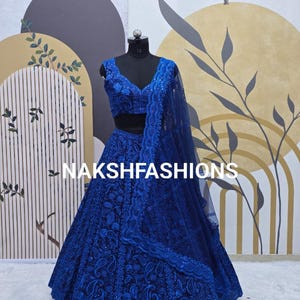Blue Georgette Lehenga Choli Set: Sequin Threadwork, Butterfly Net Dupatta