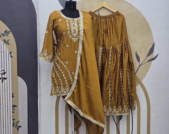 Mustard Yellow Chinon Silk Sharara Suit, Pakistani Indian Embroidered Dress, Festive Wedding Eid Outfit