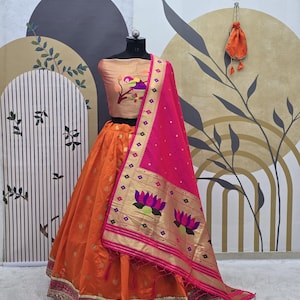 Designer Orange Jacquard Silk Lehenga Choli With Weaving Zari Work  And Paithani Dupatta For Women, Wedding Lehenga Choli, Ethnic Lehenga