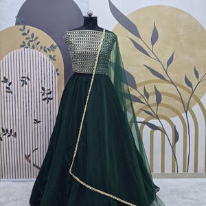 Green Georgette Lehenga Choli Set: Embroidered Ruffle Lehenga with Net Dupatta