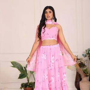 Printed Blue Georgette Lehenga Choli: Floral Work, Samosa Lace Dupatta Pink