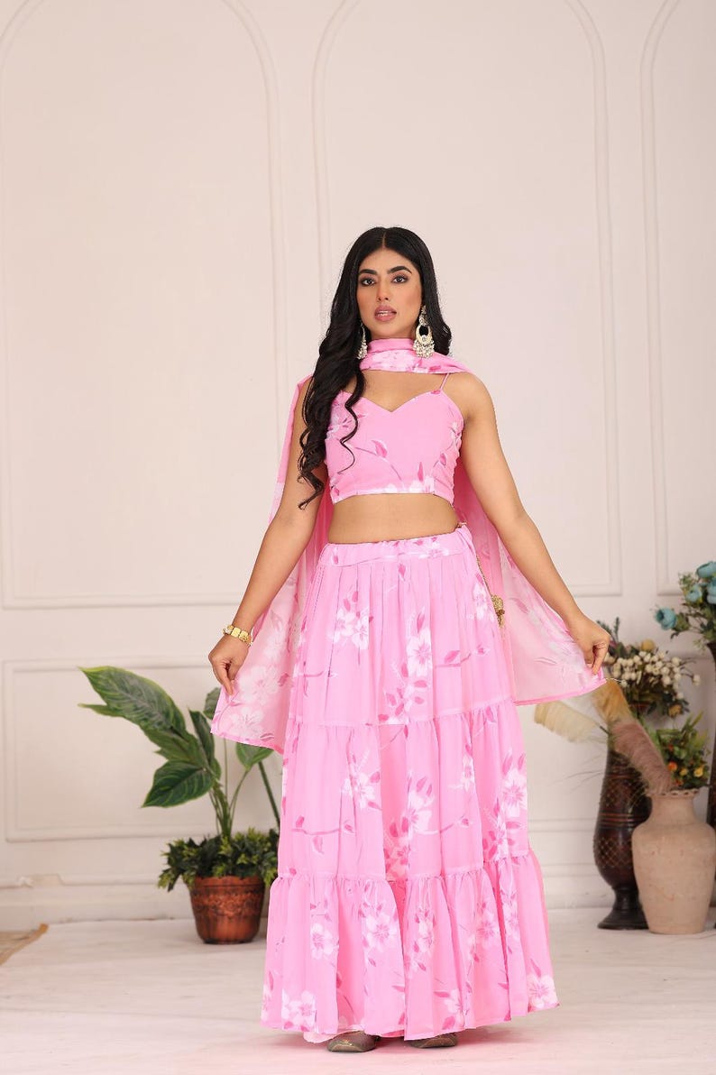 Printed Blue Georgette Lehenga Choli: Floral Work, Samosa Lace Dupatta Pink