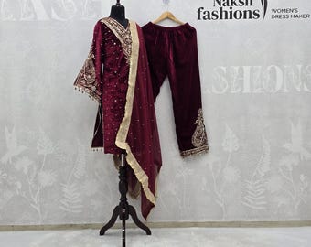 Salwar Kameez de terciopelo viscosa color granate, traje Punjabi, ideal para fiestas