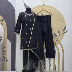 Indian Party Wear Black Satin Kurta Palazzo Set With Organza Dupatta For Women, Eid Special 3 Piece Ready Made Suit For Women And Girls