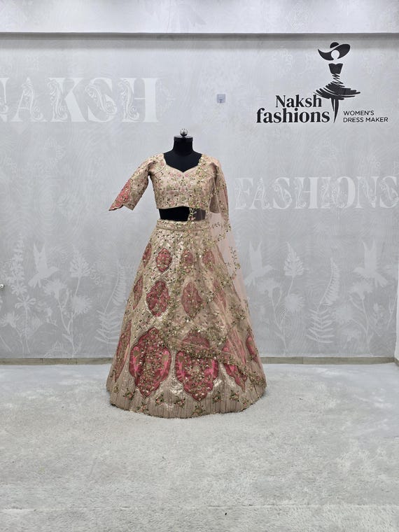 women's rose gold wedding dress Bridal Lehenga Choli, Designer Pink Dress, Embroidery Ghagra, Indian Bridal Outfit flag: PREORDER-EX-L