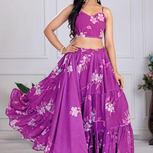 Printed Blue Georgette Lehenga Choli: Floral Work, Samosa Lace Dupatta Purple