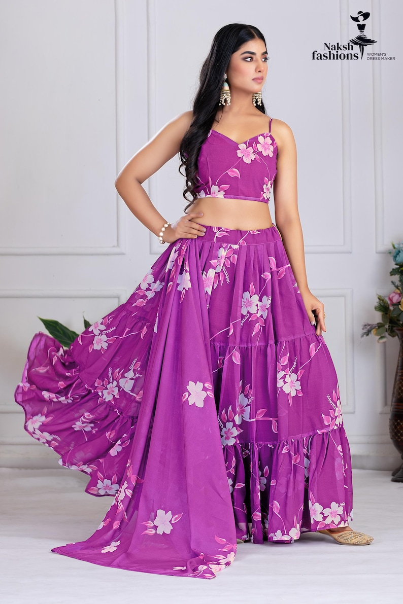 Printed Blue Georgette Lehenga Choli: Floral Work, Samosa Lace Dupatta Purple