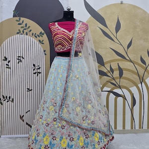 Sky Blue Georgette Lehenga Choli: Embroidered Indian Bridal Wear