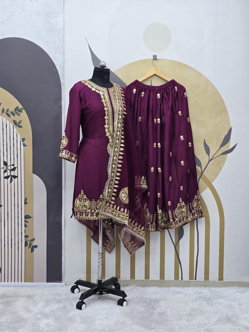 Pakistani Indian Outfit , Wine Salwar Kameez Palazzo Suit , Embroidery